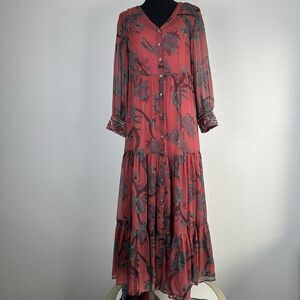 Soft Surroundings Floral Tiered Maxi Dress Size XS Loose Fit Beaded Cuffs Boho